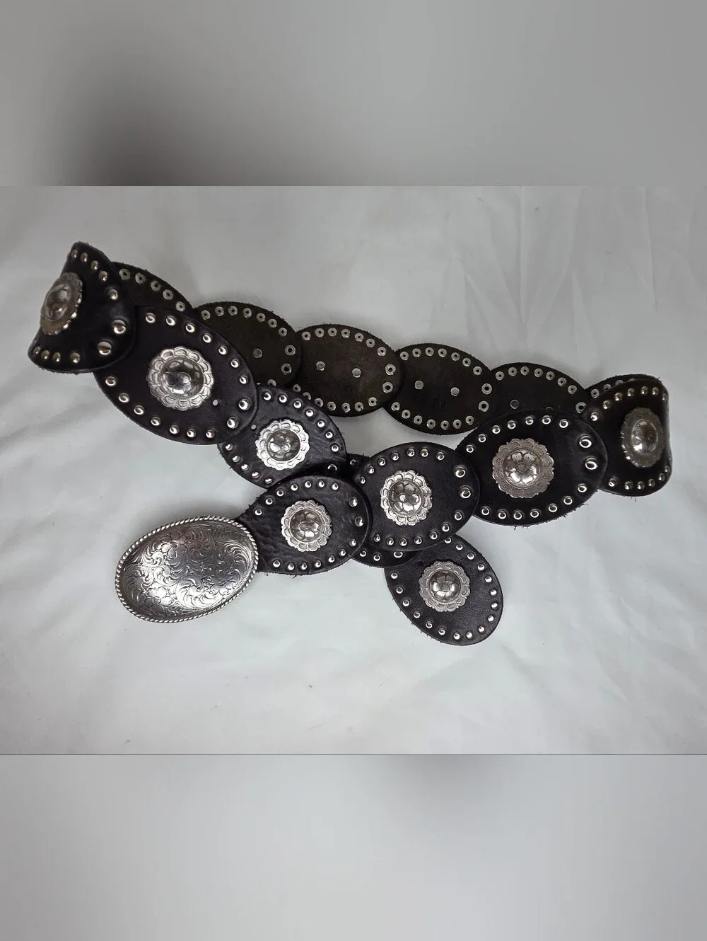 Fossil Size L Women's Belt Black Genuine Leather Silver-tone Buckle & Studs